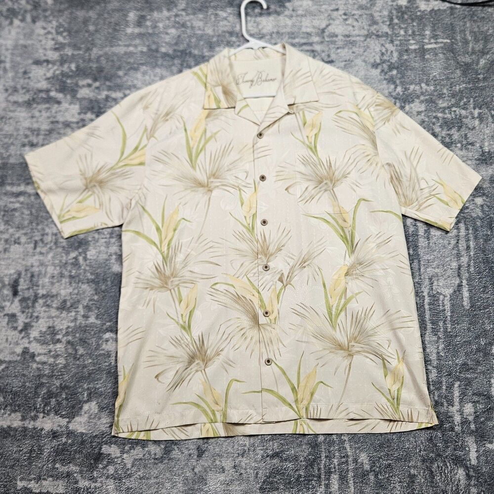 Tommy Bahama Hawaiian Camp Shirt Men Large White Floral 100% Silk Loop Collar